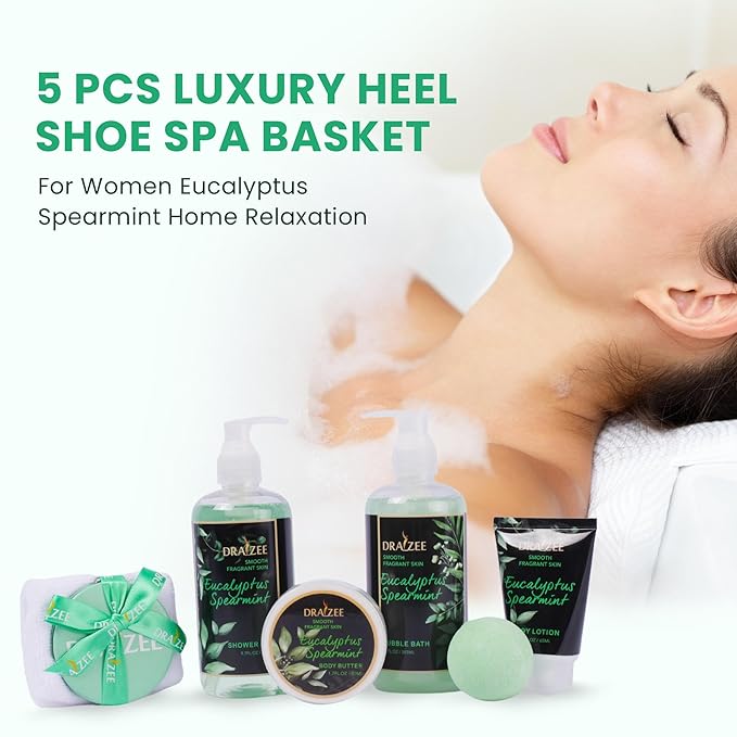 Draizee Mothers Day Gifts for Mom-Spa Gift Baskets for Women-8 Pcs Luxury Eucalyptus Spearmint Scented Heel Shoe Design Bath and Body Spa Set-Self Care Package for Women, Present for Mom-Body Care Set