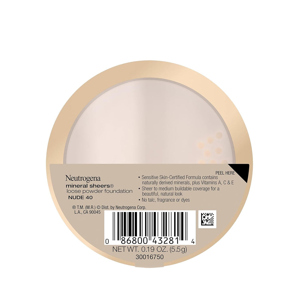 Neutrogena Mineral Sheers Lightweight Loose Powder Makeup Foundation with Vitamins A, C, & E, Sheer to Medium Buildable Coverage, Skin Tone Enhancer, Face Redness Reducer, Nude 40,.19 oz (Pack of 2)