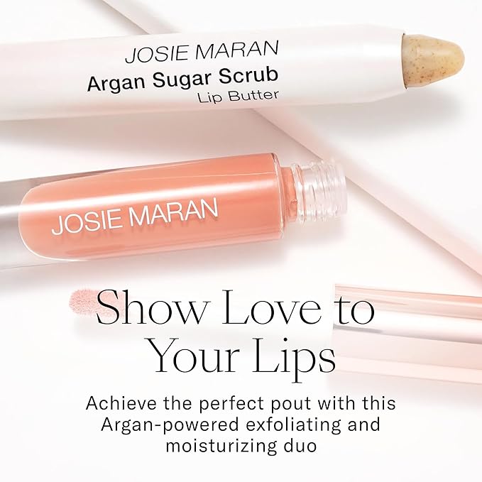 Josie Maran Lip Exfoliator Scrub & Plumping Lip Gloss - Argan Sugar Scrub Lip Butter in Crystal Clear & Hyaluronic Lip Booster in Happy - Buff Away Dry Skin for Soft Lips (2 Piece Lip Care Kit)