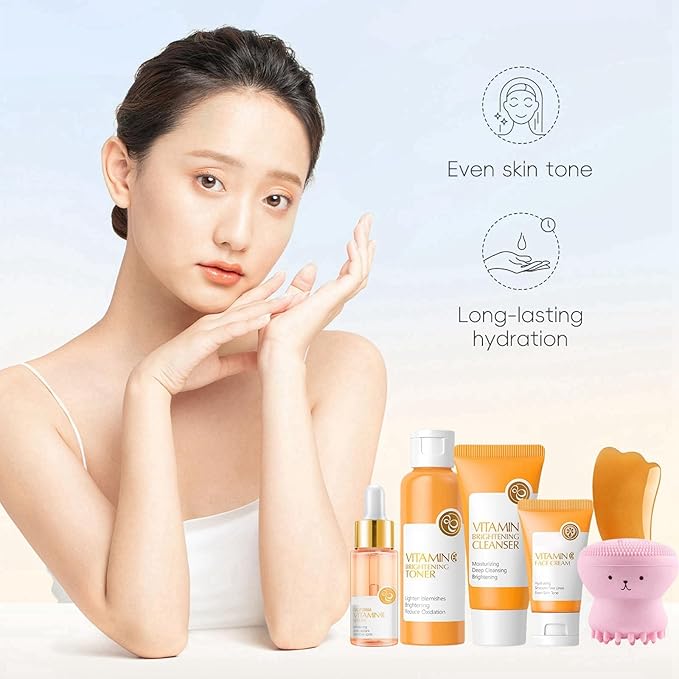 Vitamin C Skincare Set Beauty Gift Sets, Travel Skin Care Coreano Kit - Toner, Serum, Cream, Cleanser & Brush, Guasha Board, Birthday Skin Care Kit For Teens, 6pcs Skin Care Routine Kit For Women