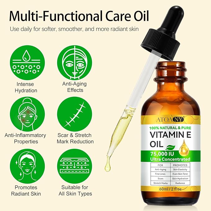 Vitamin E Oil 75,000 IU, Vitamin E Oil for Skin, Scars, Face, Reduce Fine Lines & Scars, Moisturizing Skin, Easy to Absorb, Pure Natural Body Oil 2 fl oz