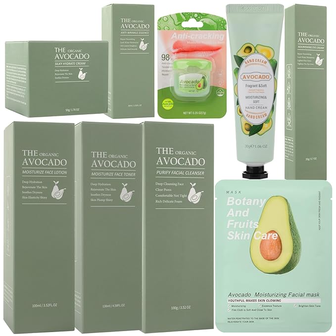 Avocado Skin Care Set, 13-In-1 Travel Skincare Kits for Hydrating & Soothing Skin, Daily Care Routine Kit with Avocado, Anti Aging Facial Kit for Women, Reduces Acne, Fine Lines & Wrinkles.