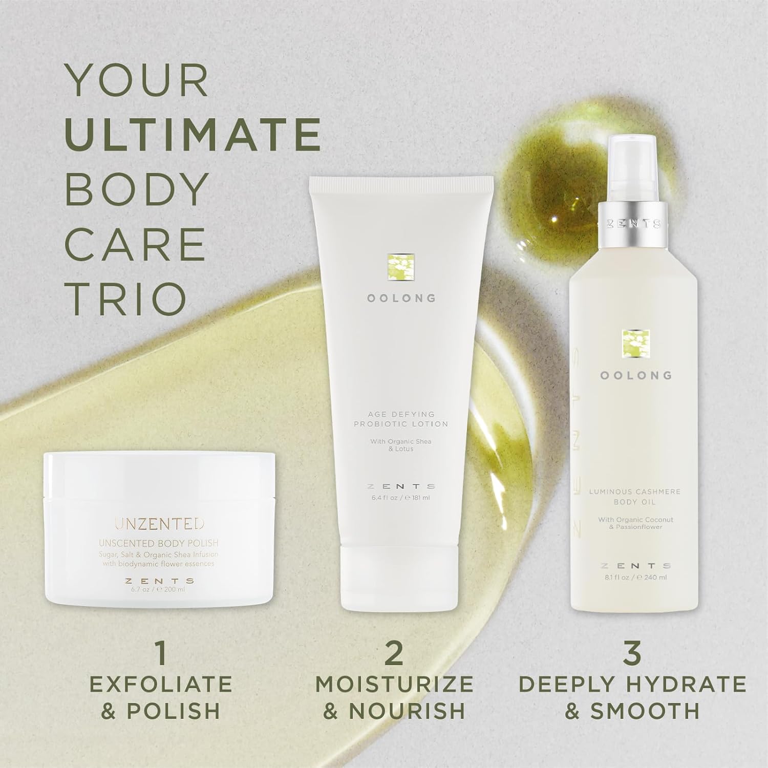 Zents Luminous Cashmere Body Oil (Oolong Fragrance) | Moisturizing Body Oil with Vitamin E & Organic Coconut Oil | Softens & Smooths Skin | 8 fl oz