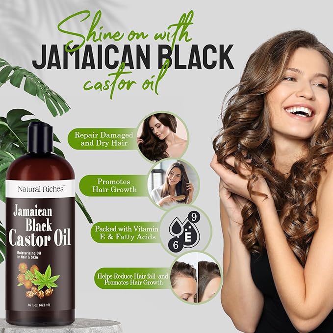 Natural Riches Jamaican Black Castor Oil Pure Organic Cold Pressed for Hair Growth Skin Care for Dry Skin Conditioning Eyebrows Eyelashes Scalp and Nail Moisturizes & Repairs 16fl.oz.