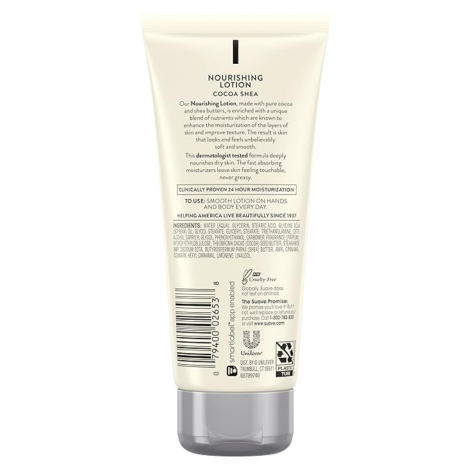 Suave Lotion, Cocoa Butter Shea – Nourishing Hand & Body Lotion, Travel-Size Lotion for Extremely Dry Skin, Moisturizing Cream for Glowing Skin, 24H Moisture, 3 Oz (Pack of 3)