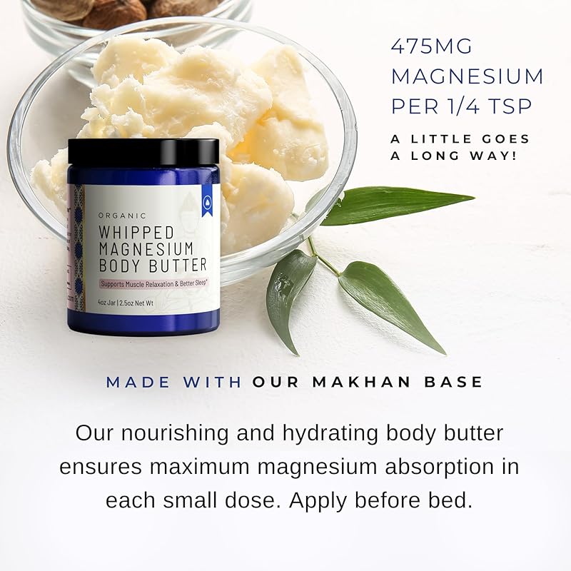 Organic Magnesium Whipped Body Butter, 4 oz Jar, Extra Strength Magnesium Chloride from Ancient Zechstein Seabed, Supports Muscle Relaxation & Better Sleep