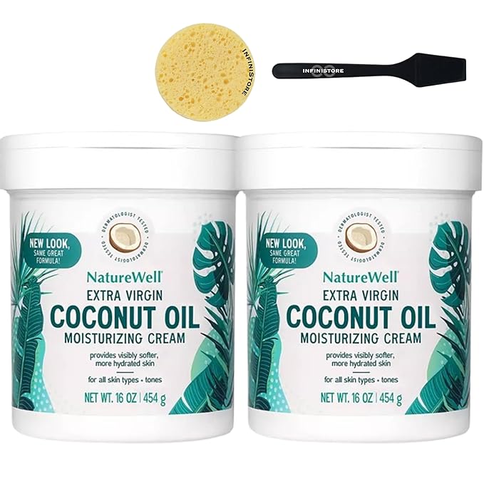 InfiniStore™ Mini Cosmetic Spatula & Gentle Exfoliating Sponge Bundle with ɴᴀᴛᴜʀᴇ ᴡᴇʟʟ Extra Virgin, Coconut Oil, Moisturizing Cream, 16oz Each - All Skin Types, For Softer & Hydrated Skin (2)