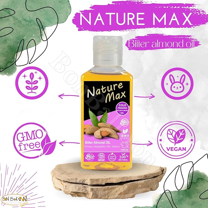 (1Pack = 1.7 oz / 50 ml) Nature Max Bitter Almond Oil Natural Undiluted Pure for Hair Skin Care Skincare Facial Body & Cold Pressed Premium زيت اللوز المر