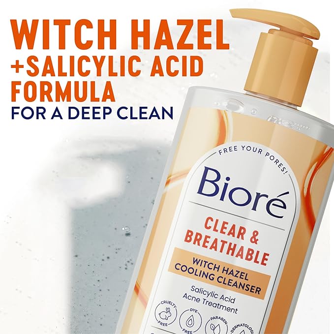 Bioré Clear & Breathable Cooling Cleanser with Witch Hazel, Acne Treatment for Face, Face Scrub for Oily Skin, Salicylic Acid Cleanser, 6.77 Oz
