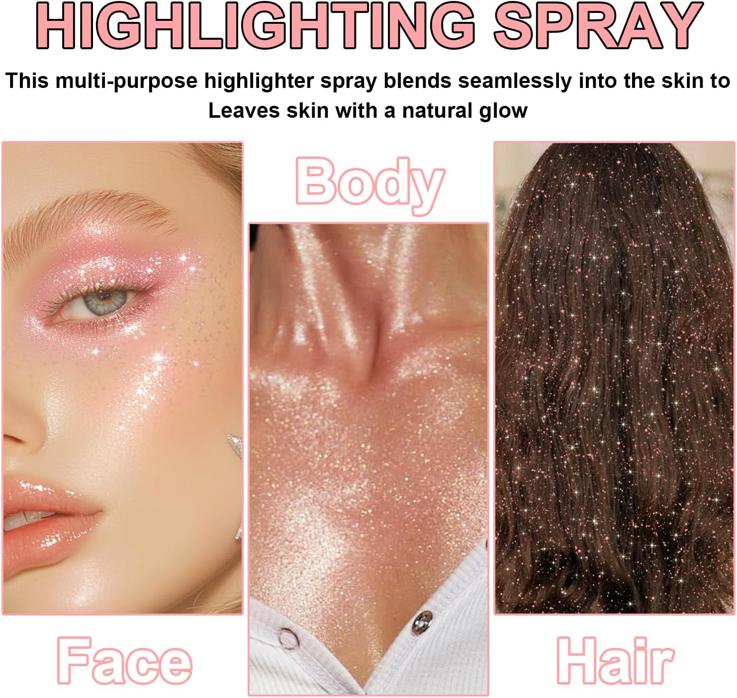 Hair and Body Glitter Spray, Shimmering Powder Sparkle Powder Makeup, Glitter Loose Sparkle Makeup for Body Highlighter,Festival Prom Rave Accessories (Pink)