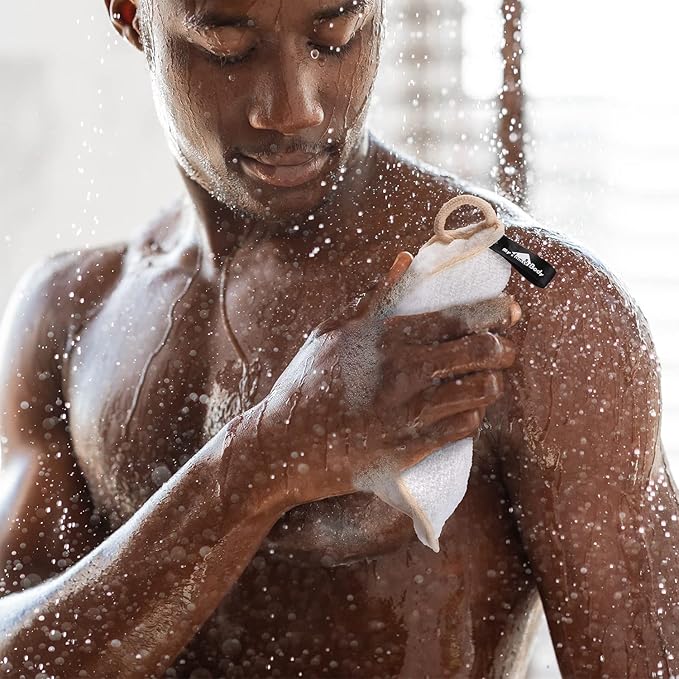 myHomeBody Dual-Textured Exfoliating Washcloth with Soft and Scrubbing Side, Body Exfoliation Scrubber for Bath, Shower, Durable 3 Layer Construction, Ivory, Set of 3