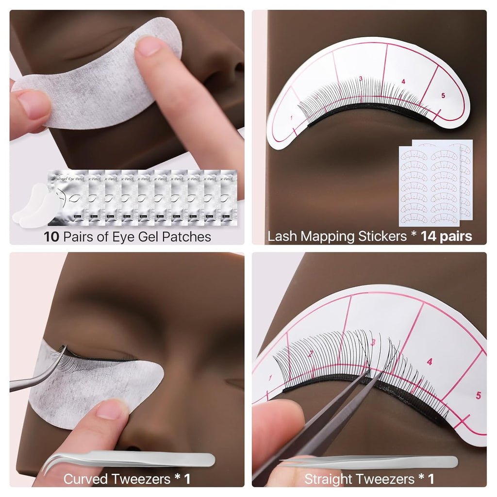 Lash Kit for Beginners, Eyelash Extension Kit with Eye Lash Mannequin Head, Eyelash Extension Glue, Remover Cream, Tweezers for Practice Training