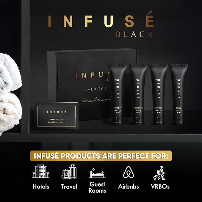 Infuse Black Amenity Kit | Boxed Hotel Toiletries | Bulk Set 1 oz Travel Size Shampoo, Conditioner, Lotion, Body Wash & Cleansing Bar for Guest Hospitality Hotel/Vacation Rentals | 300 Pieces