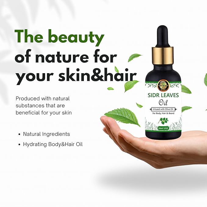 Sidr Leaves Oil -100% Natural Sidr Jujube Leaves, Infused w/Olive Oil- Promotes Healing For Body, Hair & Beard/For Ruqaiya/Skin Care, Dry Scalp, Frizzy, Strengthening- Non-GMO - 30ml