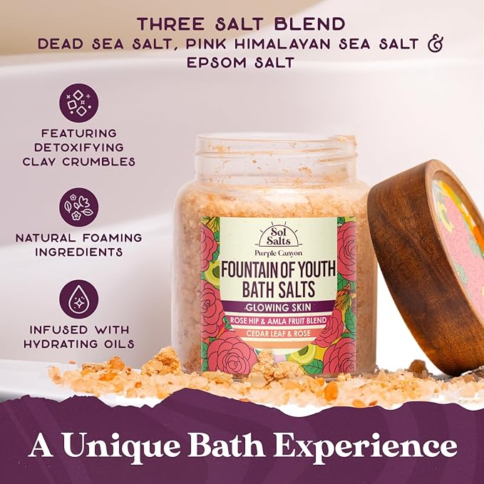 PURPLE CANYON SolSalts Fountain of Youth Bath Salts | Lavender, Rose, & Cedar Leaf Scented Detox Soak with Epsom Salt, Amla & Rosehip for Glowing Skin