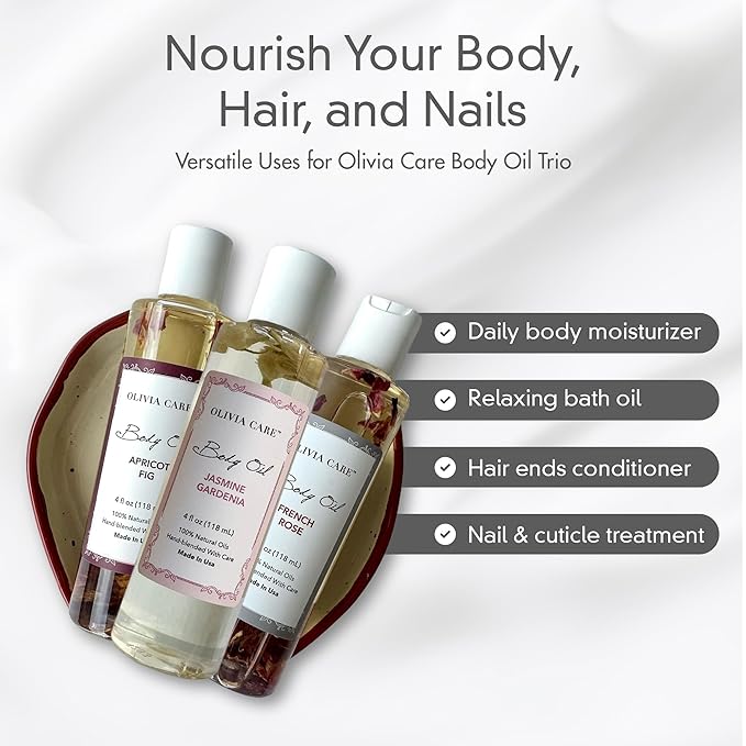 Olivia Care 3 Pack Body Oils: Apricot Fig, French Rose, Jasmine Gardenia - Natural Perfume Oils For Women & After Bath Oils Body Moisturizers, Rich in Vitamin E, K, & Omega (3 Scents)