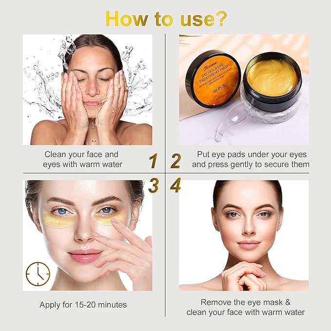 Fivewan 24k Gold Under Eye Patches - 120 Pcs Eye Mask Pure Gold Anti-Aging Collagen Hyaluronic Acid Under Eye Mask for Removing Dark Circles