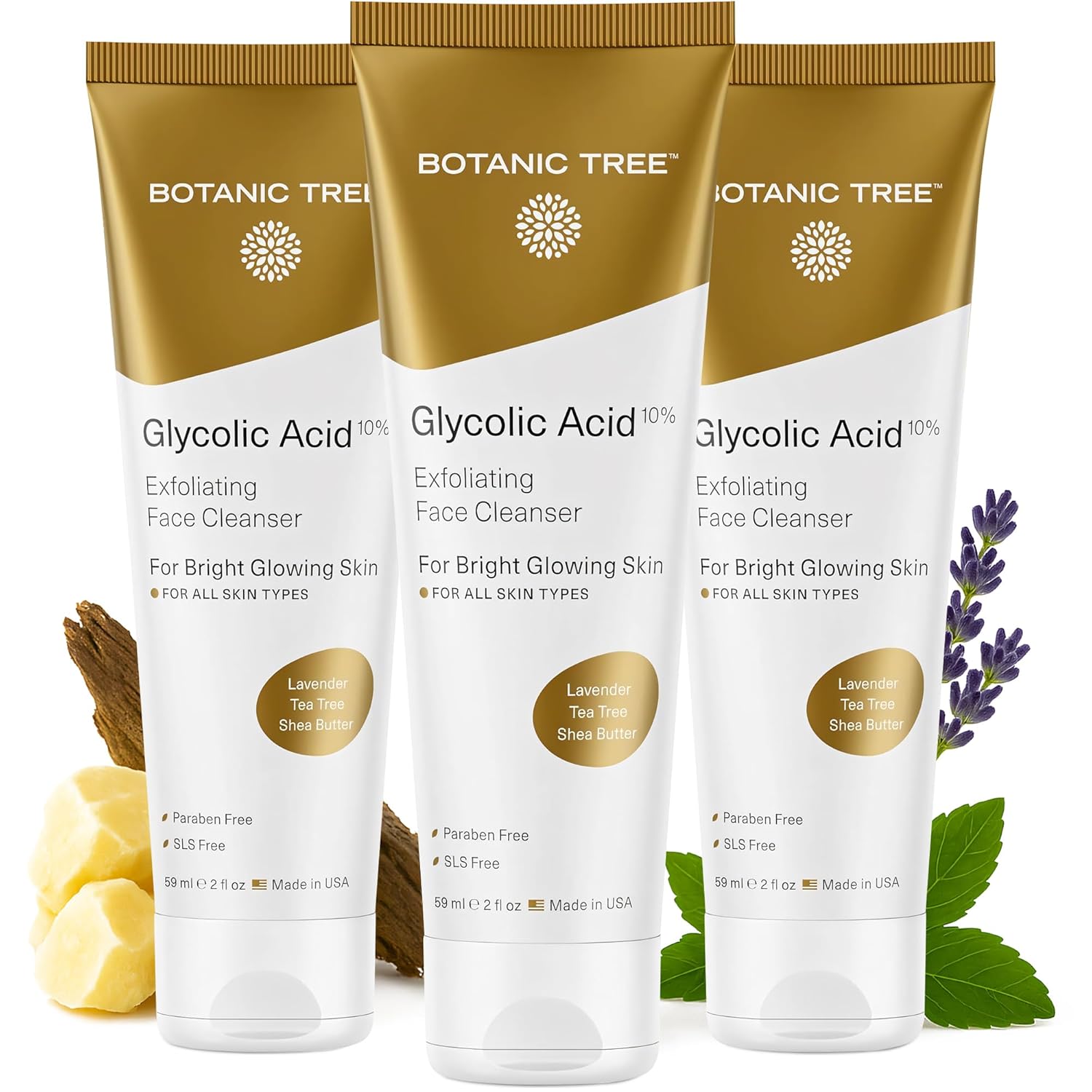 Botanic Tree Glycolic Acid Face Wash Travel Size (Pack of 3)- Facial Exfoliating Cleanser w/ 10% Glycolic Acid- Organic An.