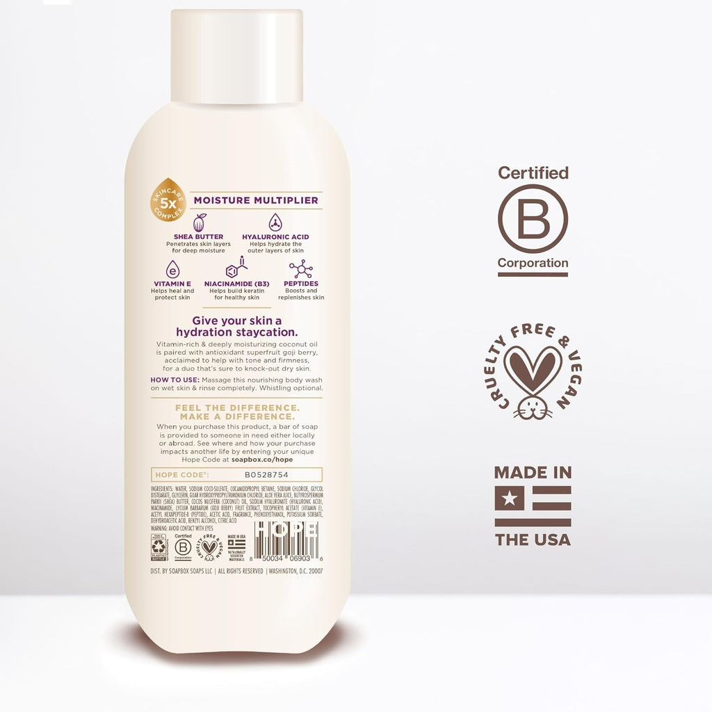Soapbox Body Wash, Coconut & Goji Berry Liquid Body Wash, Moisturizing Soap with Shea Butter, Vegan Duo Pack of 2 Soap Bottles, 20oz Each