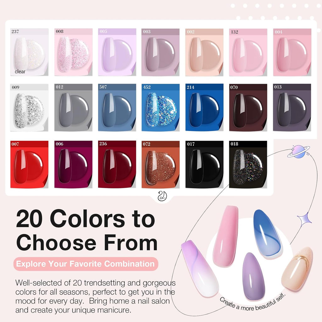 AZUREBEAUTY 31 Pcs Dip Powder Nail Kit Starter, 20 Colors Glitter Nude Pink Gray Red Dip Powder Liquid Set with Top & Base Coat Activator for French Nails Art Manicure DIY Salon Woman Gift