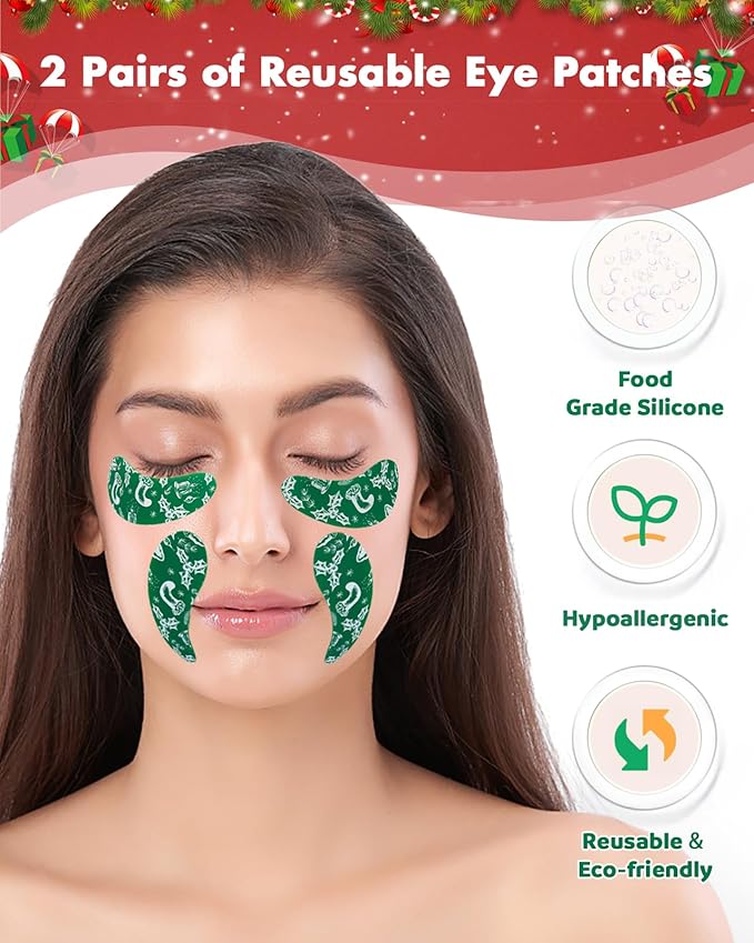 2 Pairs Reusable Under Eye Wrinkle Patches Silicone Mask, Plump Fine Lines & Wrinkles, with Metal Eye Cream Applicator, Tin Case, Christmas Green