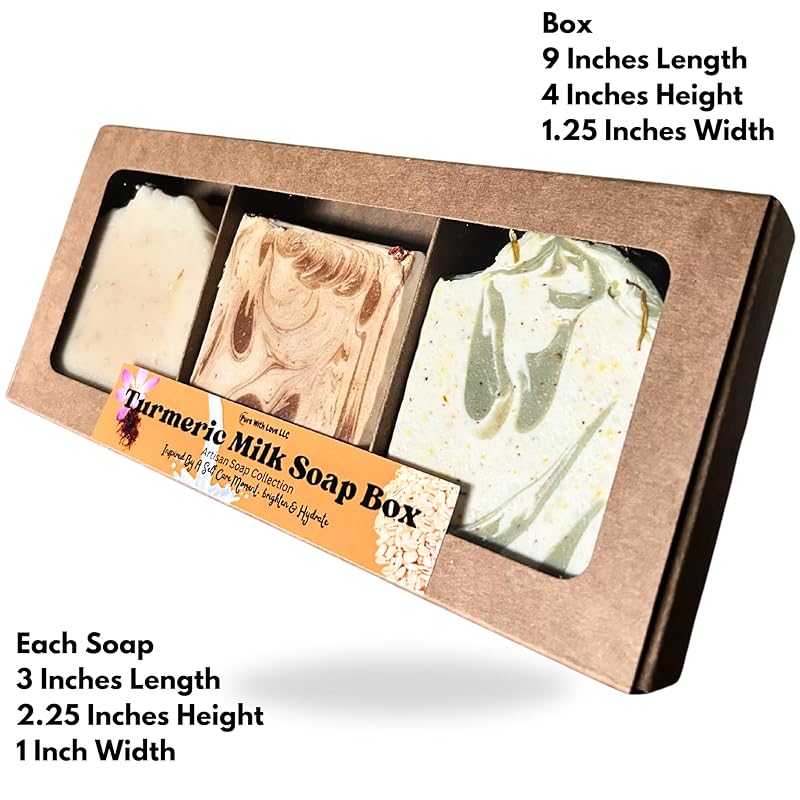 Turmeric Soap Box - Assorted 3 Bar Set, All Natural, Artisan, Clay, Goat Milk, For Face and Body All ages, Moisturing Creamy Lather