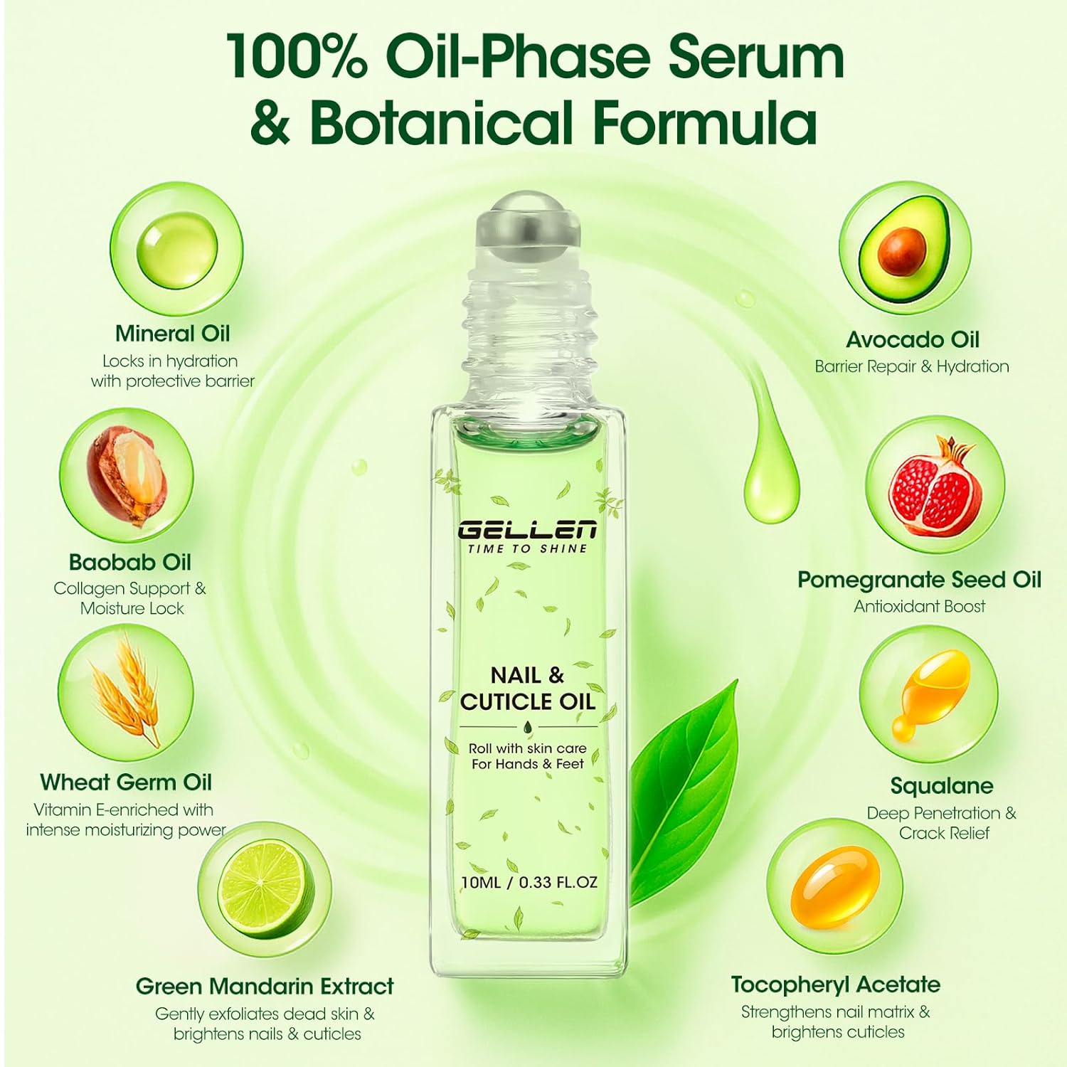 Gellen Cuticle Oil, Roll-On Nail Growth Oil, Nail Oil for Nail Growth & Repair & Strength, Green Citrus Avocado Baobab Oils Vitamin E, Nail Care for Damaged Skin & Thin Nails, Soften & Nourish Cuticle