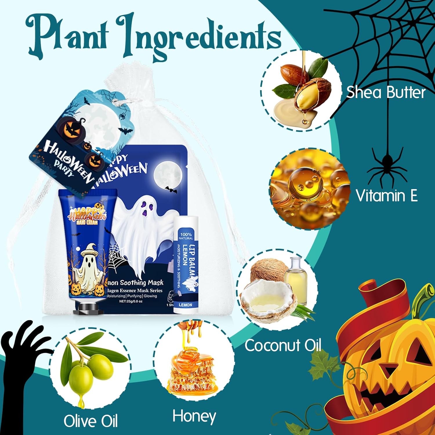 VESPRO 50 Pack Halloween Hand Cream, Facial Mask and Lip Balm Set, Bulk Halloween Gifts for Women, Halloween Decorations, Halloween Party Favors, Halloween Basket Stuffers and Halloween Skincare