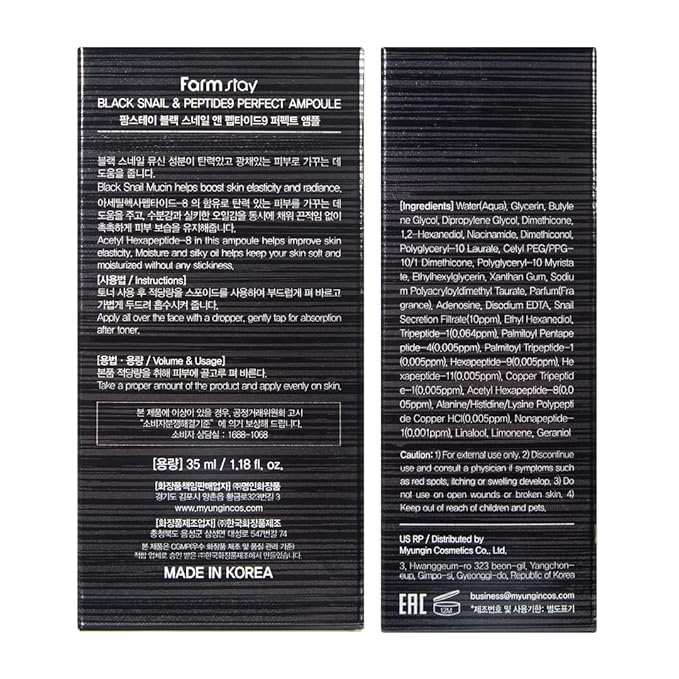 Farmstay Black Snail & Peptide9 Perfect Ampoule, Korean Snail Mucin Serum for Elastic & Glow Skin, Boosting Radiance & Repairing Skin Barrier Serum, for Women & Men, Korean Skin Care, 1.18 Fl. Oz.
