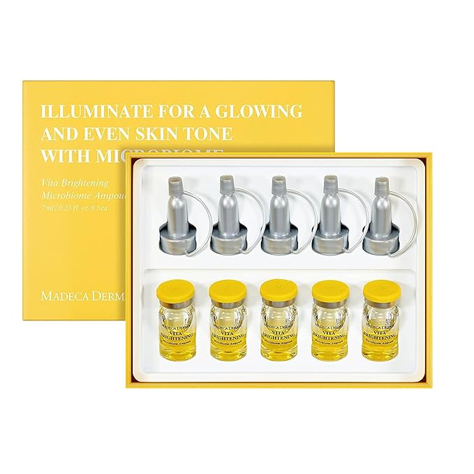 MADECA DERMA Vita Brightening Microbiome Ampoule – Brightening with Vitamins C & E, Hyaluronic Acid & Antioxidants, Korean Skincare for Radiant, Even Tone & Dark Spot Care (0.23 fl oz x 5 Bottles)
