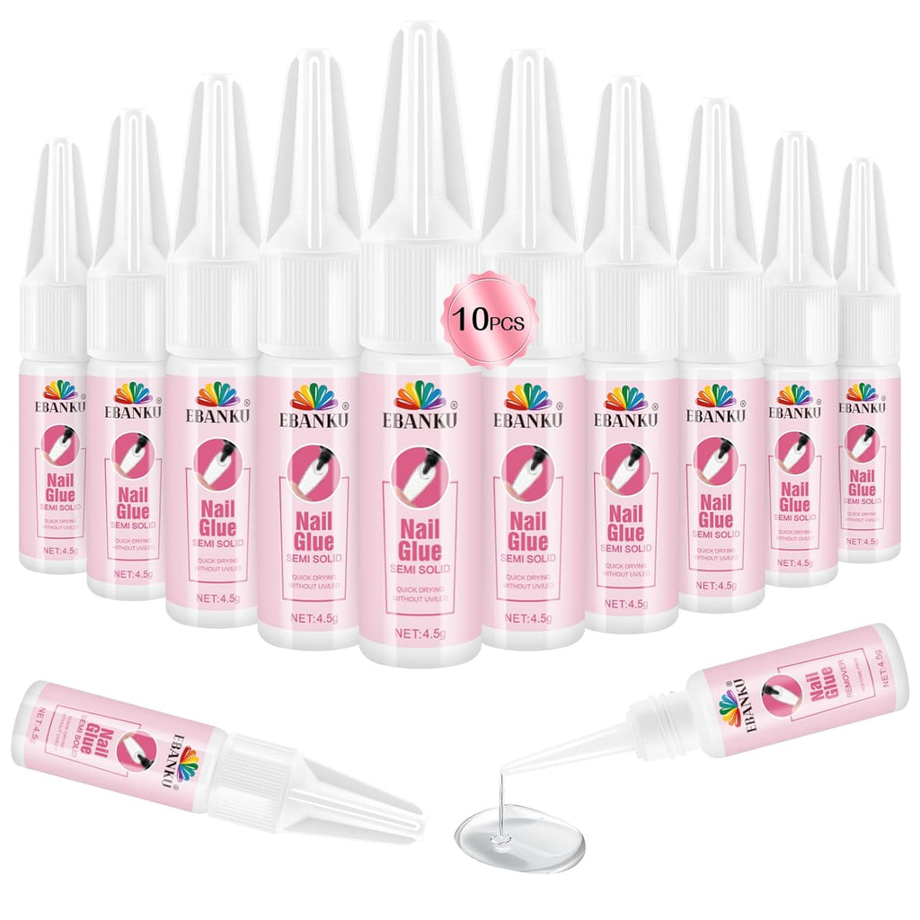 EBANKU Nail Glue Bulk for Press On Nails, 10PCS Super Strong Glue for Fake Nails Professional Adhesive Super Bond Fast Drying Glues Long Lasting No Need for UV Lamp (10 x 15ML)