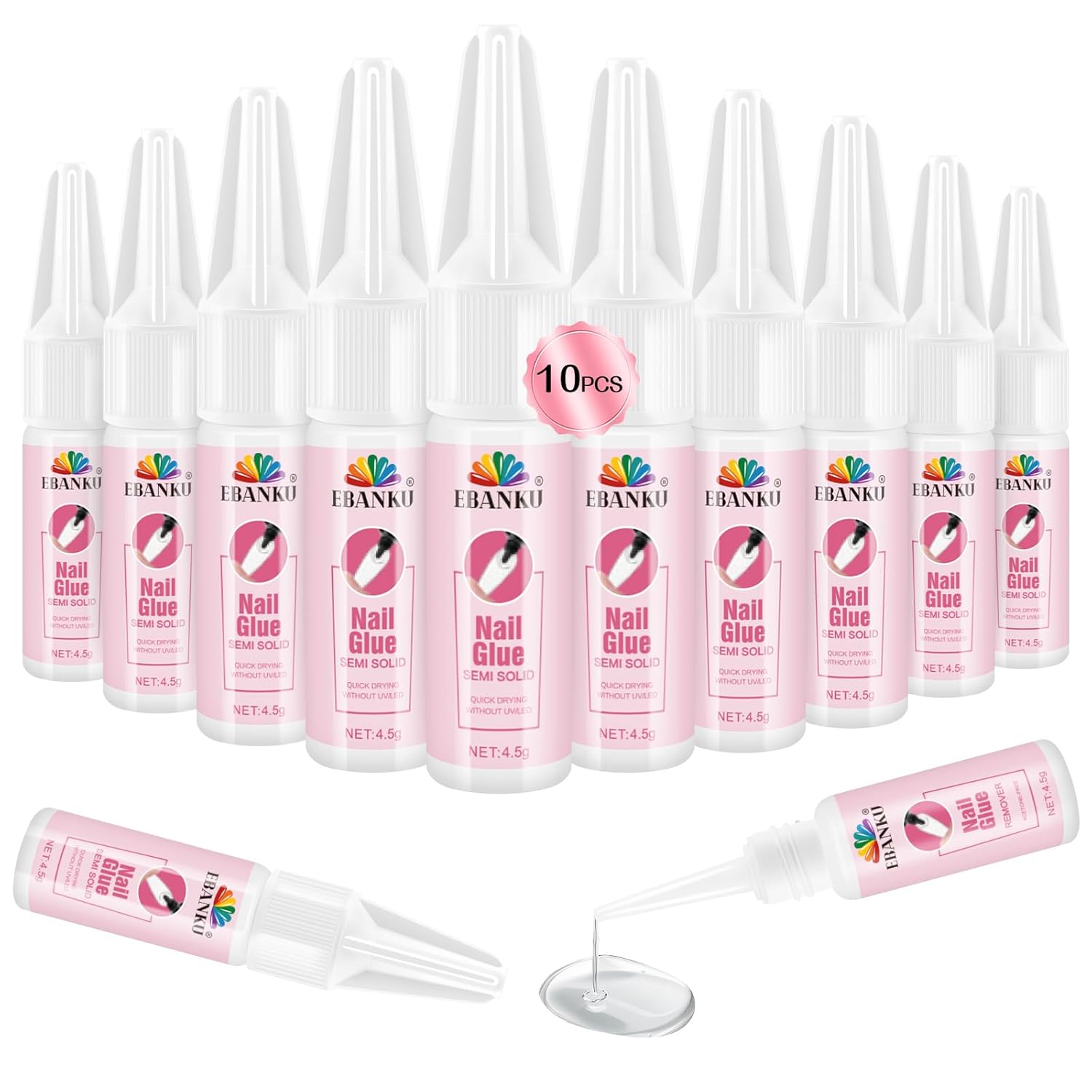EBANKU Nail Glue Bulk for Press On Nails, 10PCS Super Strong Glue for Fake Nails Professional Adhesive Super Bond Fast Drying Glues Long Lasting No Need for UV Lamp (10 x 15ML)