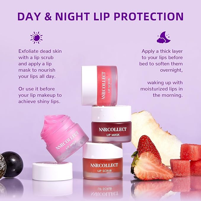 Lip Scrub & Lip Mask - Overnight Treatment Lip Care Kits with 2 Lip Exfoliator & 2 Sleeping Lip Balm, Intense Hydration Lip Set for Dry Chapped Cracked Lips, Exfoliate & Moisturize (4 Pack)