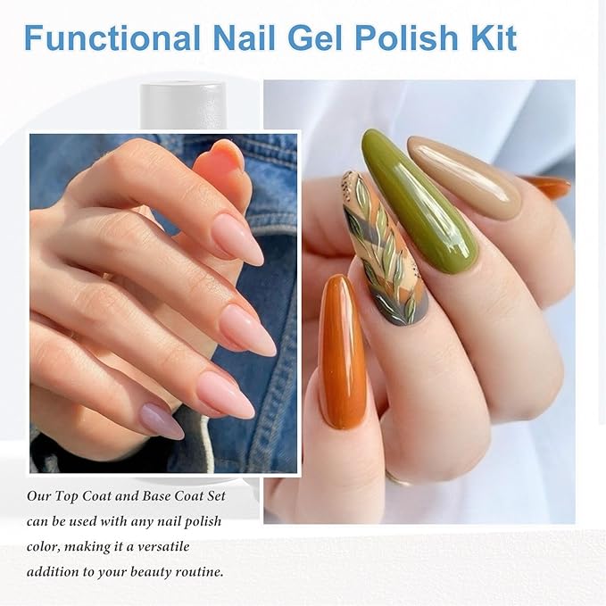 4Pcs 15ml No Wipe Top and Base Coat Set with Nail Dehydrator and Primer X-Strength for Gel Polish Long Lasting Nail Bonding Strengthening Kit for Women