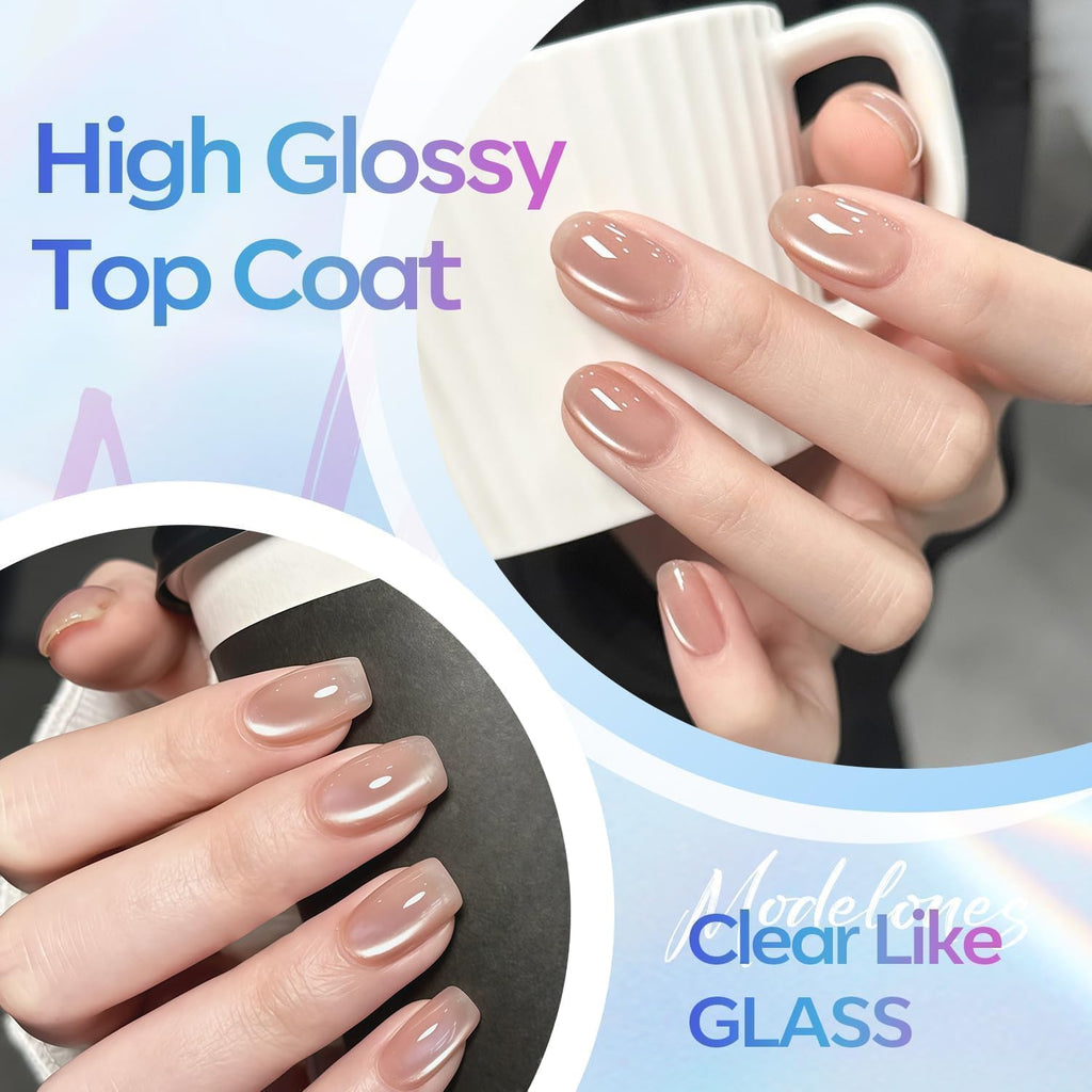 modelones Gel Top Coat, 15ml No Wipe Gel Nail Polish High Gloss Top Coat Shiny Long Lasting Clear Top for Acrylic Nails, Need U V/LED Lamp for Home DIY Gift and Summer Nail Salon