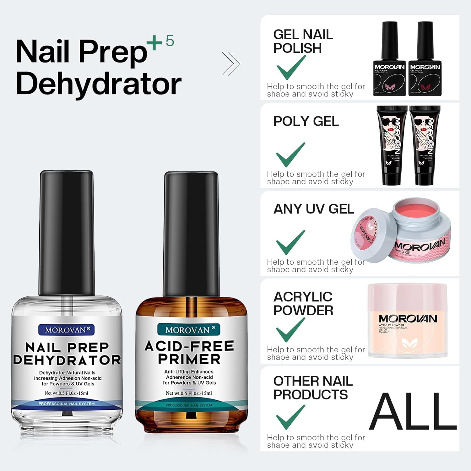 Morovan Nail Prep Dehydrator and Primer, Natural 4 PCS Dehydrator & Acid-Free Bond Primer for Acrylic Powder U V Extension Gel Nail Supplies Set