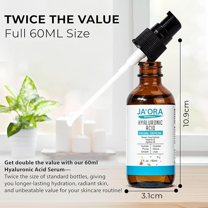 JA'ORA Skin Effective Hyaluronic Acid Serum, 60ML - Anti-Aging with Aloe Vera & Vitamin E, Hydrating, Firming, Brightening for Even Skin Tone & Wrinkle Care