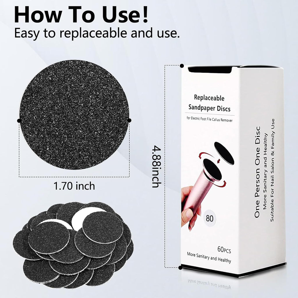 60 Pcs Replaceable Sandpaper Refill Discs for Electric Foot File Callus Remover Foot Care Dead Skin Cracked Hard Skin Removal - Coarse 80 Grit