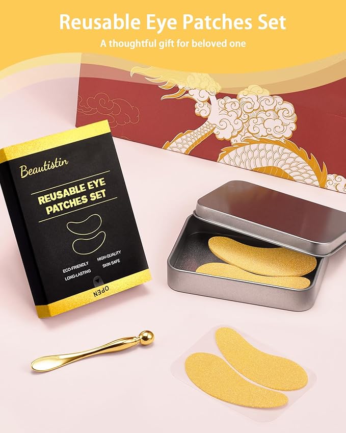 2 Pairs Reusable Under Eye Wrinkle Patches Silicone Mask, Plump Fine Lines & Wrinkles, with Metal Eye Cream Applicator, Tin Case, Gold