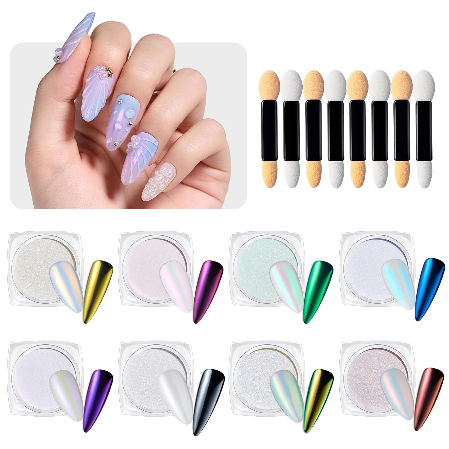 Beetles Chrome Nail Powder Metallic Mirror Effect, Holographic Aurora Mermaid Pearl Glitter, Chrome Powder for Gel Nails Manicure Nail Art Decoration 8 Colors 0.5g/Jar