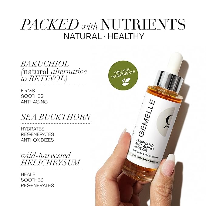 GEMELLE Lymphatic Anti-Aging Face Oil | 6x Award winner | Vitamin C,E & A | Moisturize, Repair & Protect | Bakuchiol, Sea Buckthorn & More! | Organic, Natural, Clean Beauty | Starter, Travel 15ml