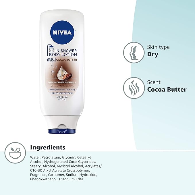 NIVEA Cocoa Butter In Shower Lotion, Body Lotion for Dry Skin, 13.5 Fl Oz Bottle (Pack of 2)