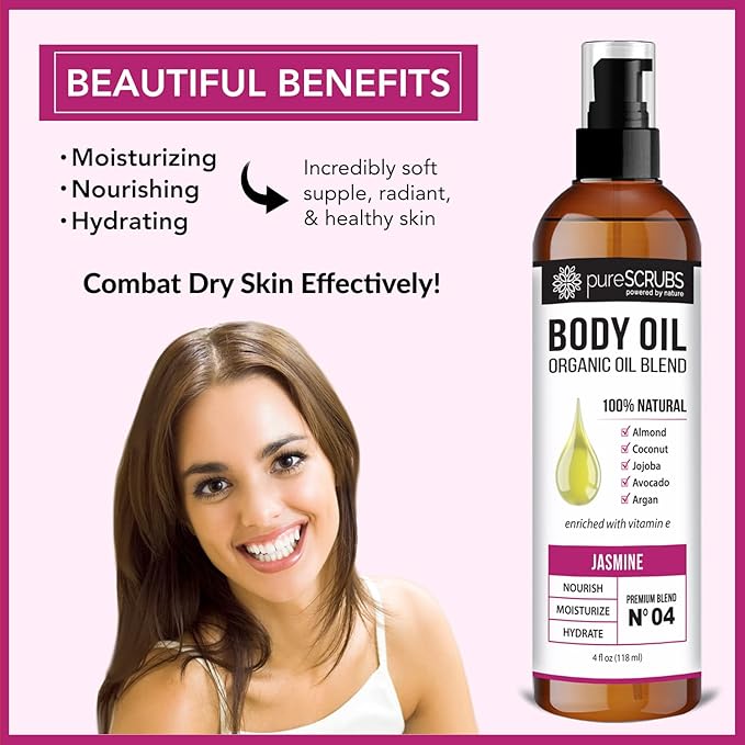 pureSCRUBS Ultra Moisturizing Jasmine Body Oil Spray for Dry Skin, Massage, Cuticles & More - Organic Super Blend of Jojoba, Argan, Coconut, Sweet Almond & Avocado Enriched with Vitamin E, Lg 4oz
