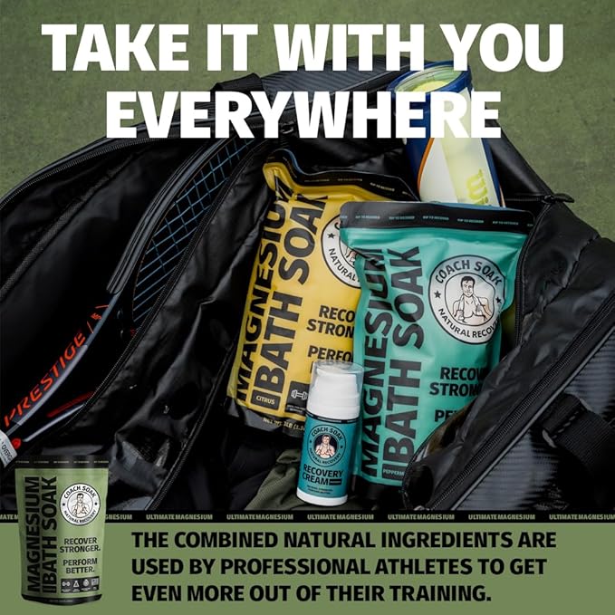 Coach Soak Recovery Bath Soak Eucalyptus Tea Tree and Magnesium Lotion with MSM Cooling Menthol Bundle, Made in USA