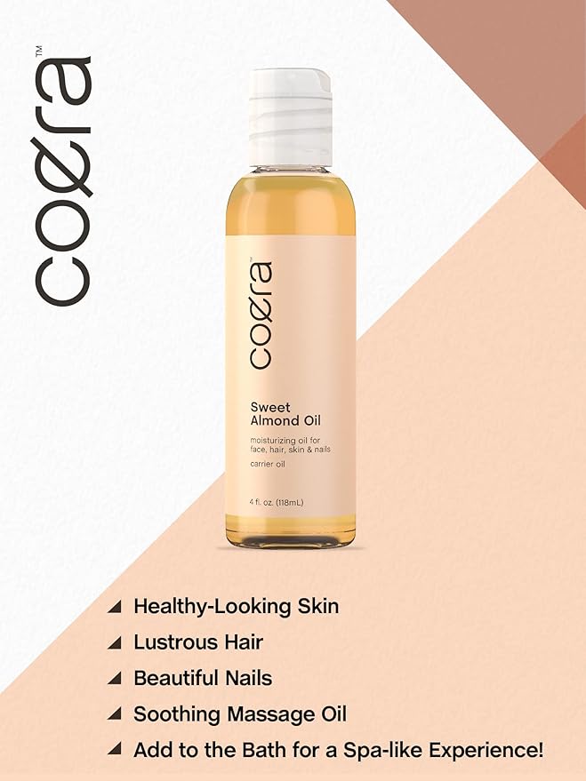 Coera Sweet Almond Oil for Face, Hair, Skin & Nails | 4 fl oz | Cold Pressed & Hexane Free | Carrier Oil | Free of Parabens, SLS, & Fragrances