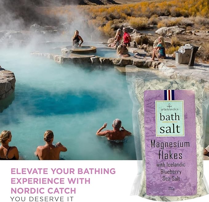 Magnesium Bath Salts Icelandic Blueberry Sea Salt 200g - Luxury Alternative to Epsom Salt Bath Soak, Magnesium Flakes Sitz Baths, Foot Soaks, Magnesium Chloride Relaxing Magnesium Soak