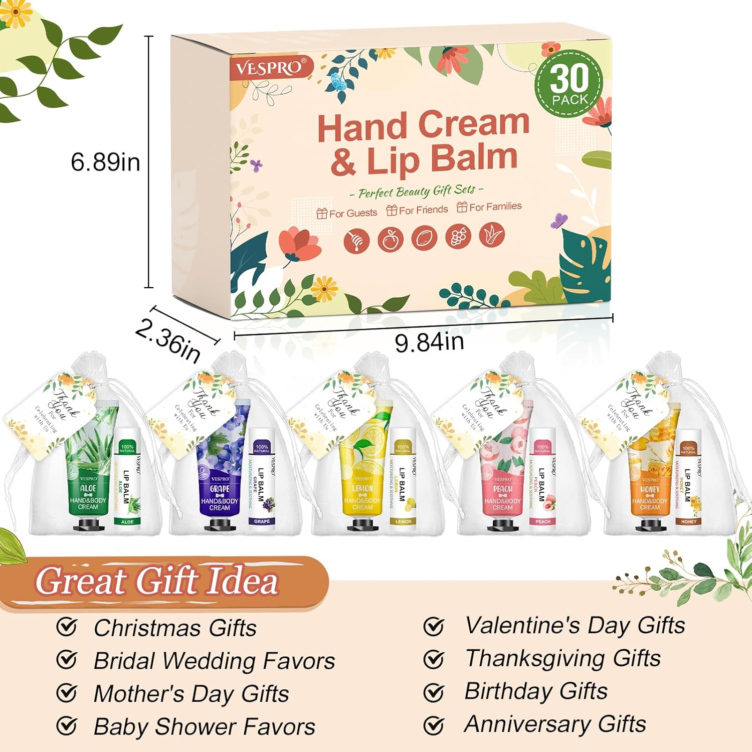 30 Sets Bulk Hand Lotion and Bulk Lip Balm Gifts, Bridal Shower Favors, Bridesmaid Gifts and Wedding Favors for Guests with Thank You Card and Organza Bags, Employee Appreciation Gifts, Birthday Gifts
