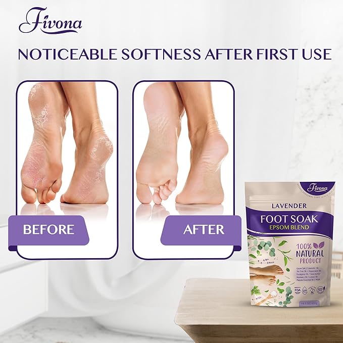 Fivona Foot Soak Blend Epsom Salt with Lavender 14.1 oz - Calming Foot Bath Salt, Relax & Renew Tired Feet, Soothe Soreness, Soften Calluses - Rejuvenating Pedicure Spa at Home