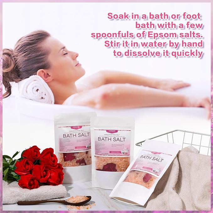 Bath Salts KIT Pack of 3 Natural Epsom Salt Rose Essential Oils Relaxes and Better Sleep Himalayan Pink Salt Foot Soak Tea Tree Oil Himalayan Foot Bath Salts Set
