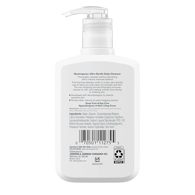 Neutrogena Fragrance Free Ultra Gentle Foaming Daily Cleanser, Hydrating Face Wash for Sensitive Skin, Removes Makeup & Gently Cleanses Without Over Drying, Hypoallergenic, 5.8 fl. oz
